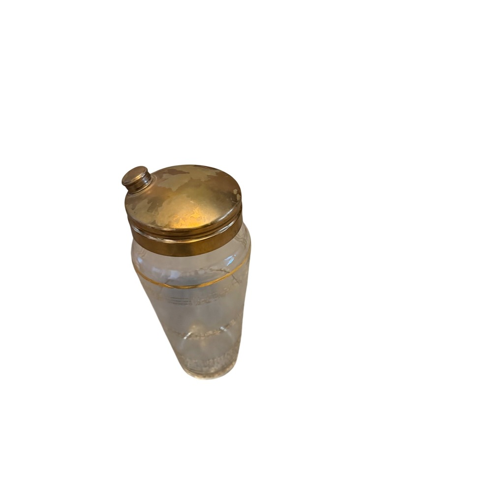 Vintage Frosted Glass Cocktail Shaker Gold Banded MCM Barware with Metal Lid
